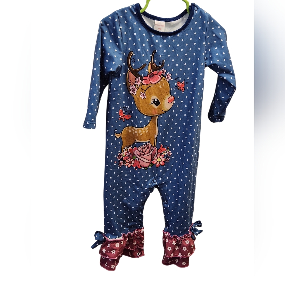 Penelope Plumm Blue Polka Dot Kids One Piece Long Sleeve with Deer Floral Design